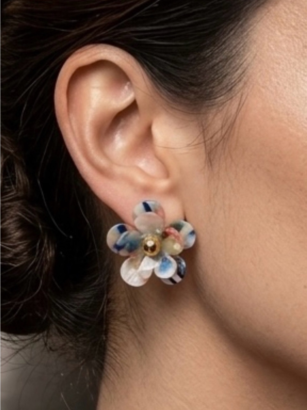 Floral Resin Statement Stud Earrings in Blue and White